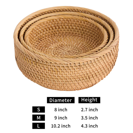 Hand-Woven Stackable Rattan Basket, Set of 3, Fruit Bread Serving Bowls, for Farmhouse Kitchen Storage & Decor