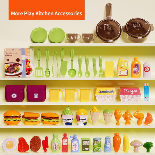 Pupu Pig Kids Kitchen Playset, Play Kitchen with Toy Stove, Grill, Sink, Play Food, ToyKitchen Accessories, Kitchen Interactive Play with Lights Sound Steam, Cooking Toys for Toddler Kid Gifts