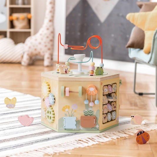 ROBUD Wooden Activity Cube, Montessori Toys for 1+ Year Old, Educational Toy with 13 Functional Areas, Fountain Garden Theme for Baby Boys & Girls