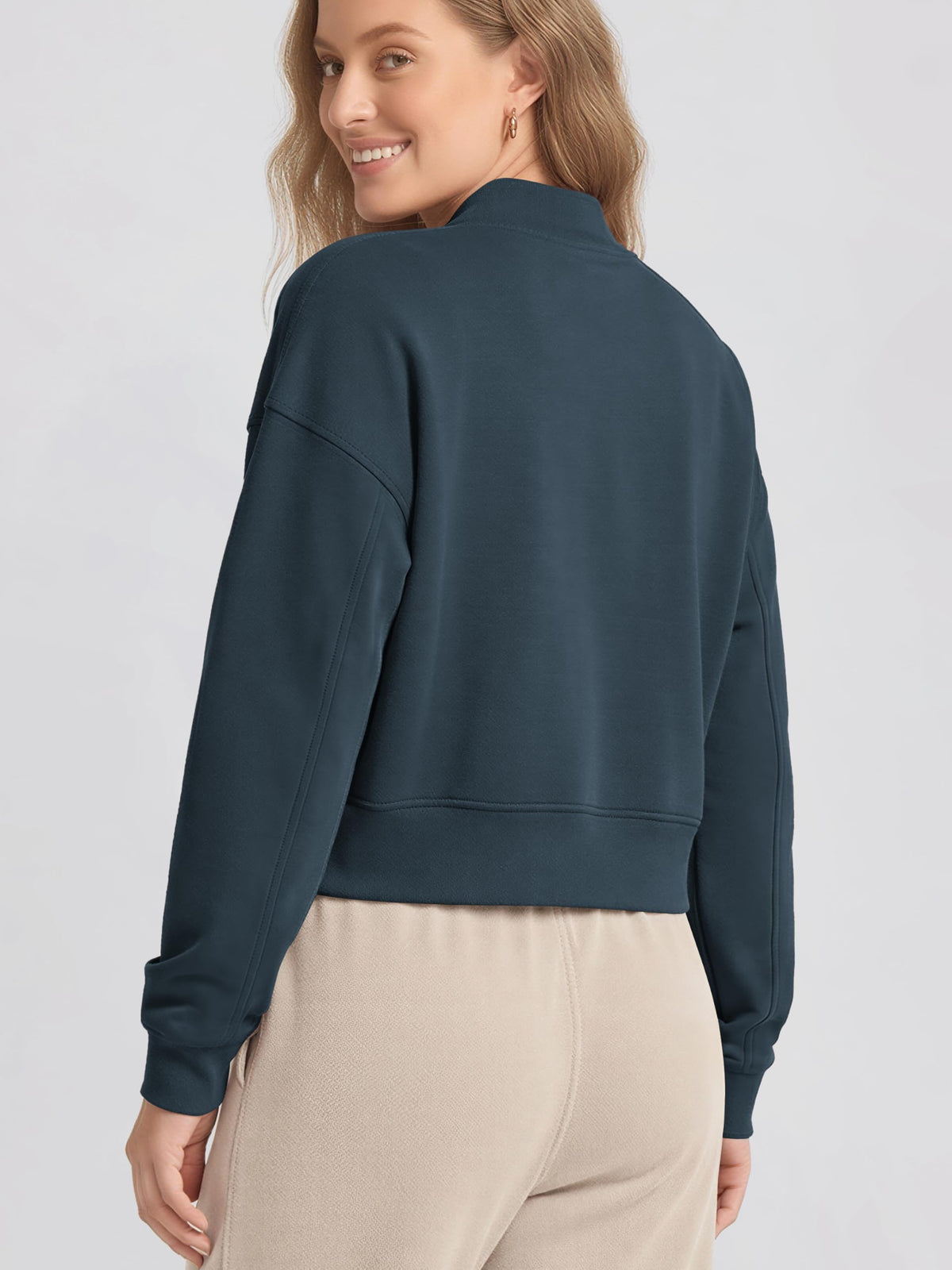 ODODOS Modal Soft Full-Zip Bomber Jacket for Women Long Sleeve Casual Fall Outfit Crop Top with Pockets, Deep Blue, Large