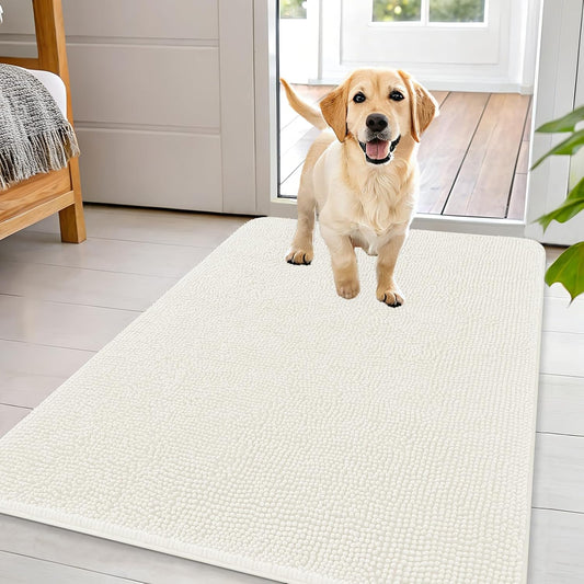 OLANLY Dog Door Mat - Absorbent Non-Slip Chenille Mat for Muddy Paws | 44x32 Inches, Ivory Color