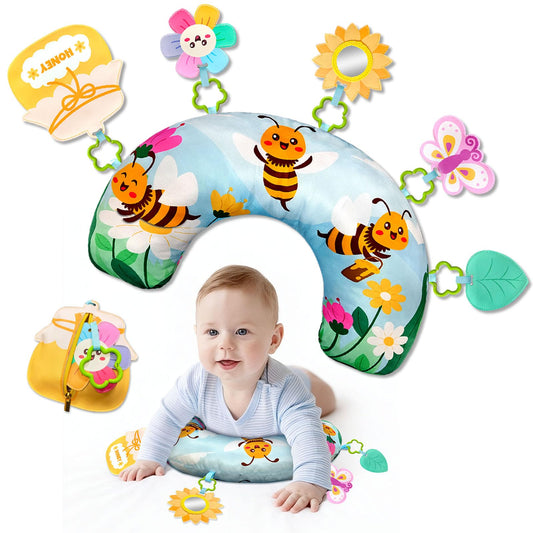 BOHEMIABY Bee Toddler Sensory Activity Toys, Newborn Crawling Companion with Removable Sunflower Mirror, Butterflies, Honey Pot Zipper Pockets Toys for 0-6 Months Babies