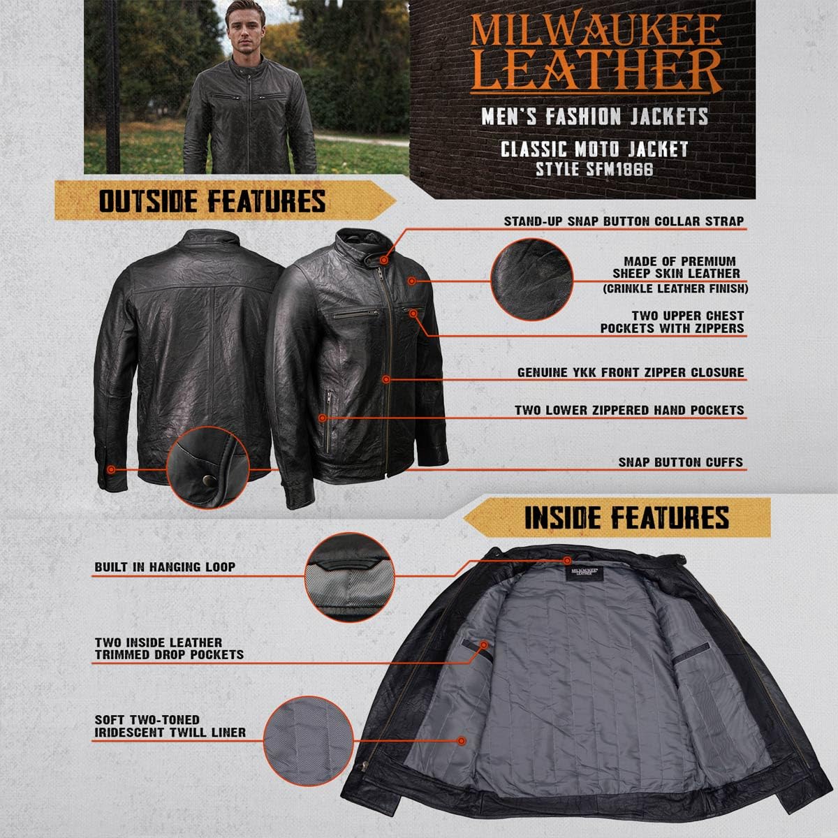 Milwaukee Leather SFM1866 Men's Classic Black Premium Leather Motorcycle Style Jacket with Zipper Front - 5X-Large