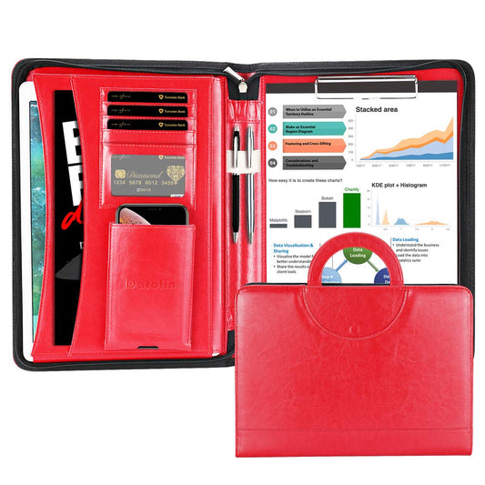 Darolin Vegan Leather Padfolio Portfolio with Handle & Clipboard, Zippered Business Portfolio Organizer for Meetings, Interviews & Travel, Fits A4 & Letter Size, Padfolio for Men Women (Red)