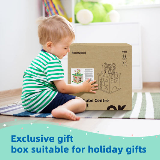 TOOKYLAND 5 in 1 Activity Center, Wooden Large Activity Play Cube 23"X13"X13", Wooden Learning Puzzle Toy for Toddlers, with Animal Friends, Shapes, Mazes, Shape Sorter