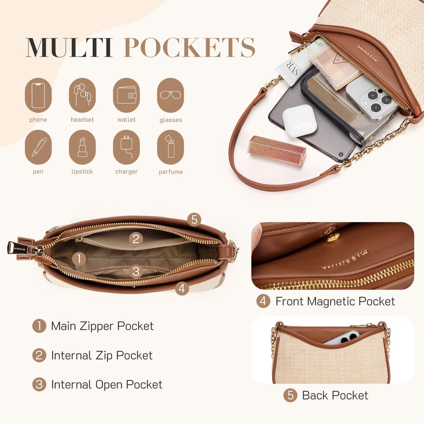 Missnine Shoulder Bag for Women Small Purse Trendy Clutch Hobo Bag Vegan Leather Mini Handbag with Zipper Closure, Brown & Beige