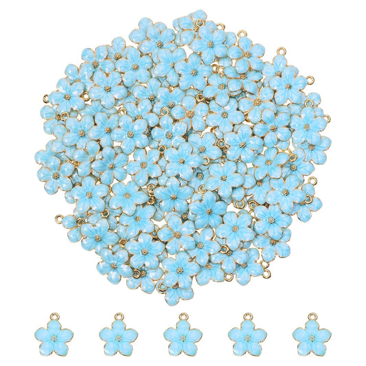 Tupalizy 100PCS Small Flower Enamel Charms Cherry Blossom Decor Gold Plated Pendant for Bracelets Necklaces Earrings Jewelry Making Findings Purse Keychains DIY Crafts Handmade Gifts Accessories,17x14mm,Blue