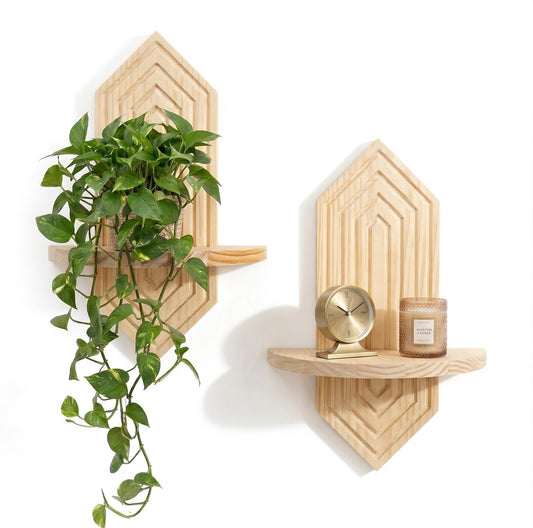 BenChiRealm 2 Pcs Floating Shelves for Wall, Pine Wood Boho Wall Decor, Mid Century Modern Decor Plant Wall Shelf, Vertical Wall Plant Holder,for Living Room,Bedroom，Nursey Room (Natural)