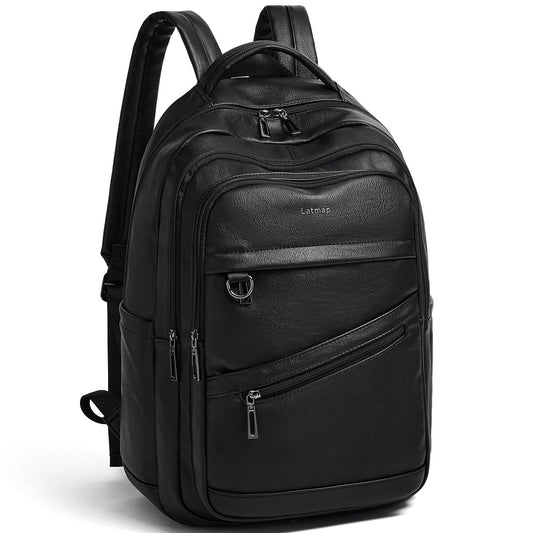 LATMAP 43L Backpack for Women Men - Vegan Leather Backpack Purse Travel Carry-on Bag College Bookbag Work fits 17" Laptop, Black