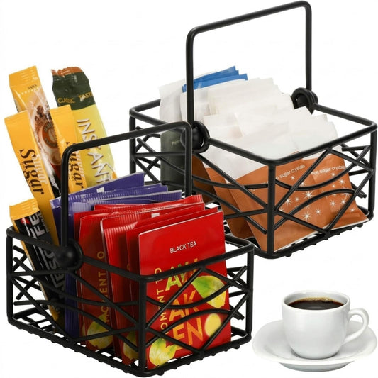 Yarlung 2 Pack Sugar Packet Basket Metal Wire Tea Bag Holder with Removable Stylish Handle, 4.7x3.5x2.5 Inches Coffee Bar Packet Coffee Pod Holder for Coffee Table, Office, Elegant Black