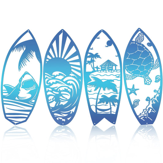 Beyoogeem 4Pcs Metal Surf Board Wall Decor Summer Surfboard Beach Signs Shark Palm Tree Wall Art Tropical Wall Decor Hanging Coastal Wall Decor Sea Turtle Wall Decoration for Wall Door (Blue)