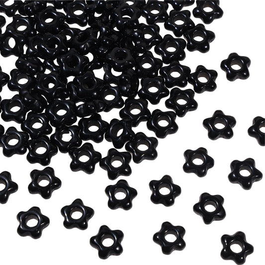 TUMBEELLUWA 10 Pcs Natural Crystal Flower Shaped Beads for Jewelry Making 5 mm, Black Obsidian Large Hole Beads for Crafts Macrame Hair Braids