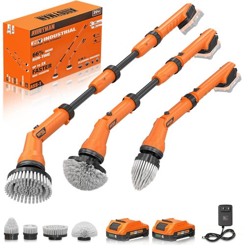 2 Battery Electric Spin Scrubber, 1000RPM Cordless Cleaning Brush Waterproof with 20V Power Supplied, Adjustable Extension Handle, 4 Replaceable Cleaning Heads, Hook, Gloves - for Tub/Tile/Wall/Floor