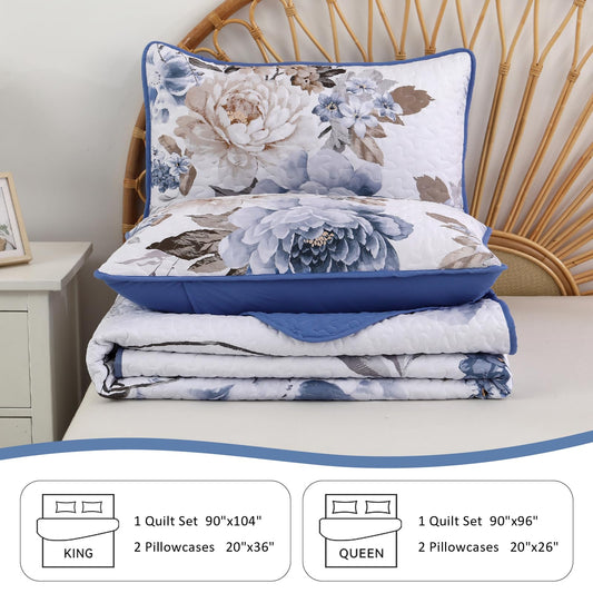 WONGS BEDDING Floral Quilt Set Blue Queen Size 3 Pieces Elegant Botanical Print Bedding Set for All Season, Lightweight Reversible Bedspreads Coverlet Set with 2 Pillow Shams