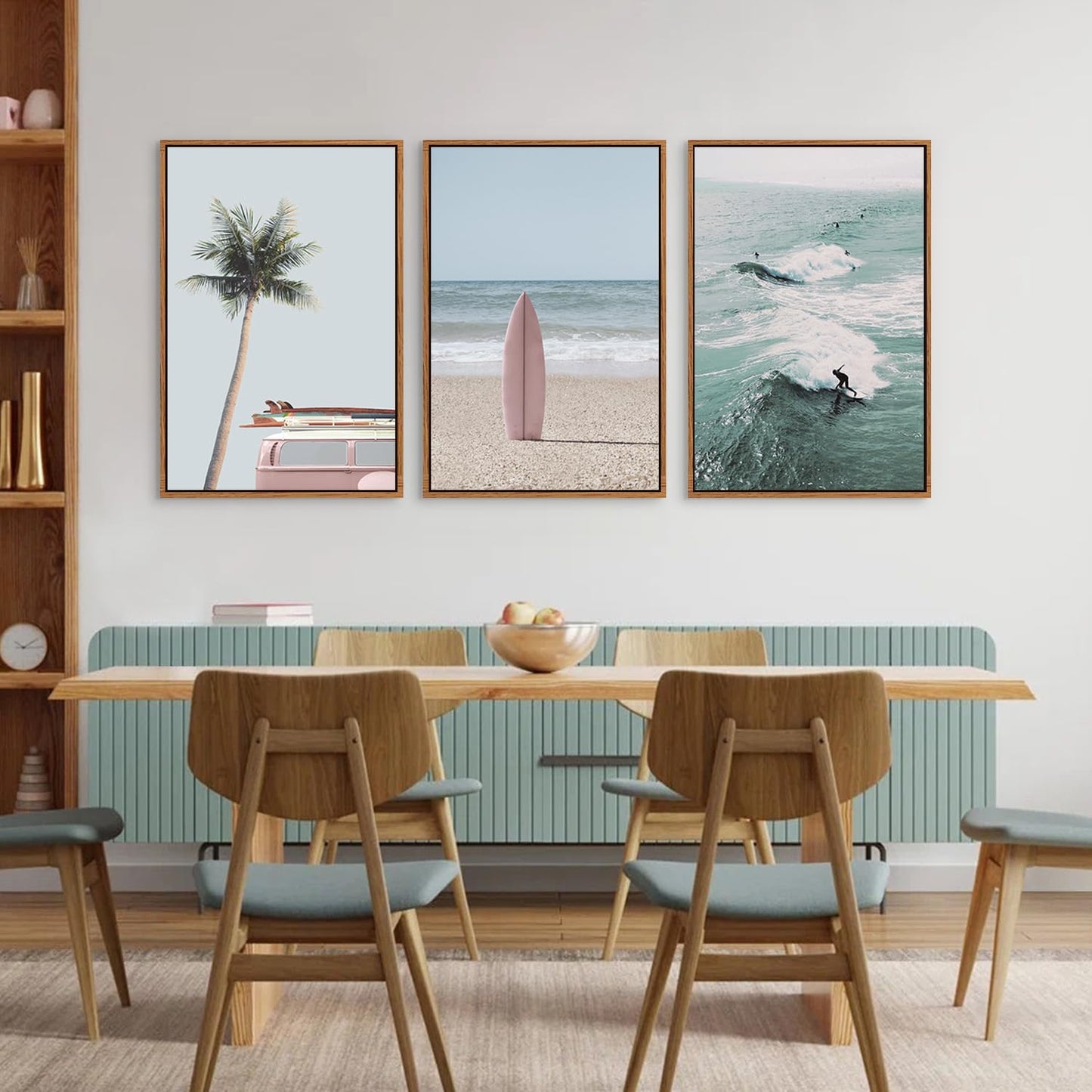 CHDITB Beach Framed Canvas Wall Art Set, Palm Tree Surfboard Seascape Wall Decor, Ocean Surfing Wall Painting, Coastal Art Print for Living Room, Bedroom, Dining Room, Bathroom - Large Size 16"x24"x3