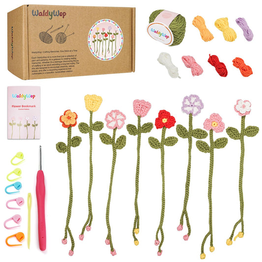 WaldyWop Crochet Kit for Beginners - 8 Flower Bookmarks Knitting Kit w/Step-by-Step Video Tutorials & Soft Yarn, Hook - Wobbles DIY Art Craft Kit for Adults, Birthday Gifts for Women Teen