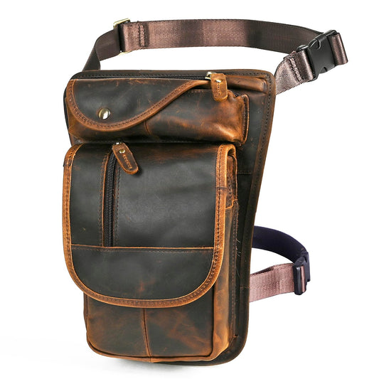 Handadsume Water Resistant Canvas + Leather Motorcycle Travel Fanny Waist Pack Drop Thigh Leg Bag Pouch For Men Women FB913-5 (100% Genuine Leather-X3112 Brown)
