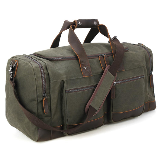 Polare 23” Waxed Canvas Cowhide Leather Waterproof Travel Duffel Bag Trim Luggage Weekender Overnight Carry on Hand Bag