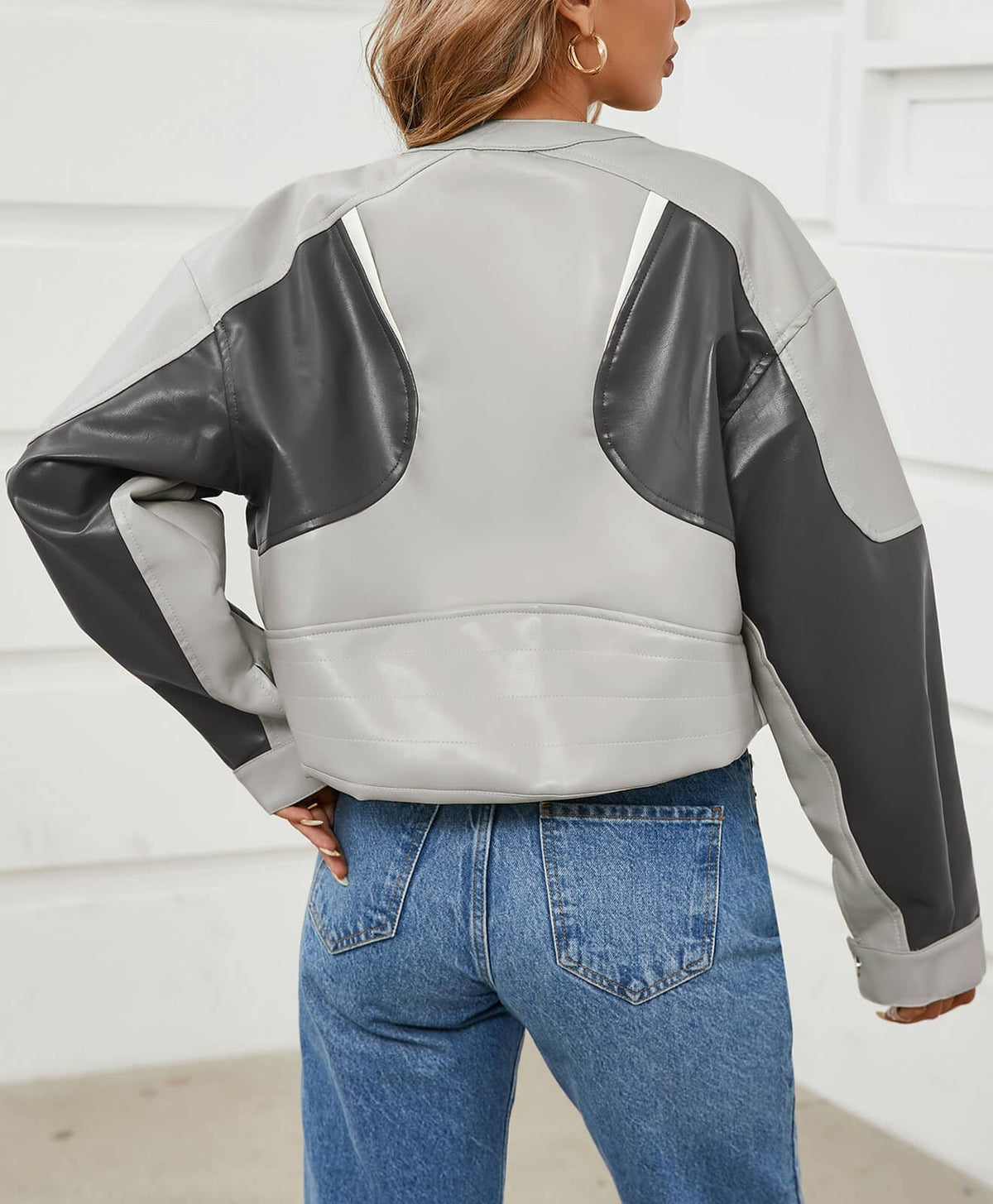 Tankaneo Womens Faux Leather Bomber Jackets Cropped Zip Up Color Block Fall Casual Moto Biker Coats