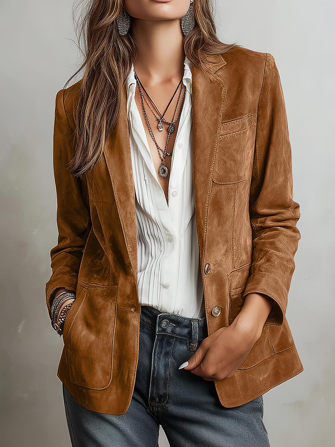 chouyatou Women's Retro Faux Suede Leather Blazer Jacket Notched Collar Work Dressy Business Casual Coat (Meidum,Brown)