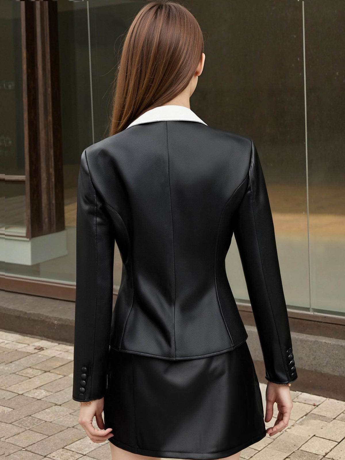 SS-Sunrise Fashion Women's PU Faux Leather Blazer, Black and White Color Block, Single Button, Notched Lapel, Small