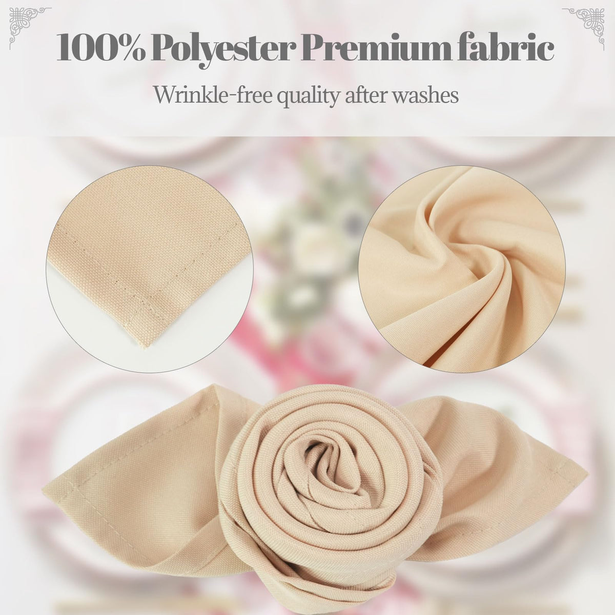 PLOYMONO Beige Heavy Duty Polyester Napkins - 17 x 17 Inch Solid Washable Cloth Dinner Napkins - Set of 8 Napkins with Hemmed Edges - Great for Weddings, Parties, Banquets Dinner & More