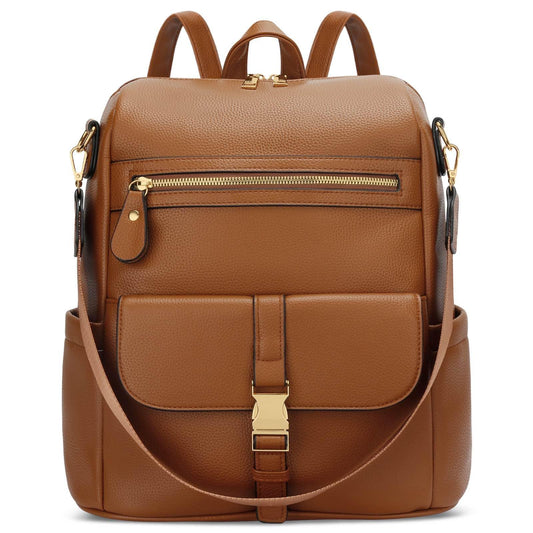 KKXIU Backpack Purse for Women - Multi-pocket Leather backpack for Travel, Work & School with Anti-Theft Lock Pocket, Luggage Strap & Water Bottle Pockets - 13x14x5.2 Inch, 1.67lb (Brown)