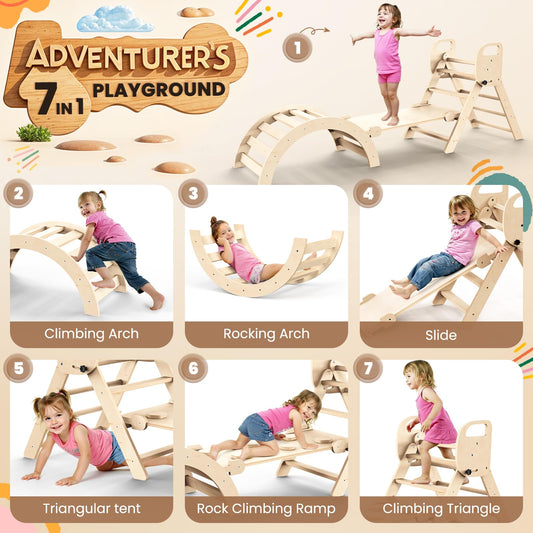 Norbee Pikler Triangle Set Foldable Wooden Toddler Climbing Toys Indoor, Playground Jungle Gym for Kids, Montessori Climbing Set for Toddlers