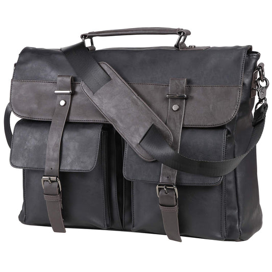 seyfocnia Men's Vintage Black 17.3 Inch Water Resistant PU Leather Laptop Bag, Messenger Bag, Satchel, Briefcase