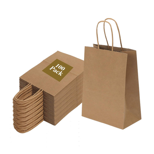 Joybe 100 Pack 5.95x3.25x8 Inch Small Brown Paper Bags with Handles Bulk, Kraft Paper Gift Bags for Birthday Party Favors Grocery Retail Shopping Business Goody Craft Sacks (Plain Natural, 100pcs)