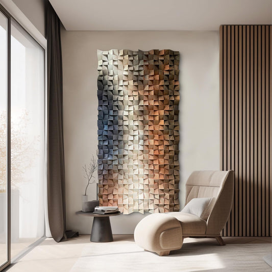 LIUZEYUE 3D Wall Art Modern Abstract, Solid Wood Mosaic Panel in Blue White Orange, Textured Feature Wall Decor for Living Room Above Sofa, 23.6x47.2 Inches