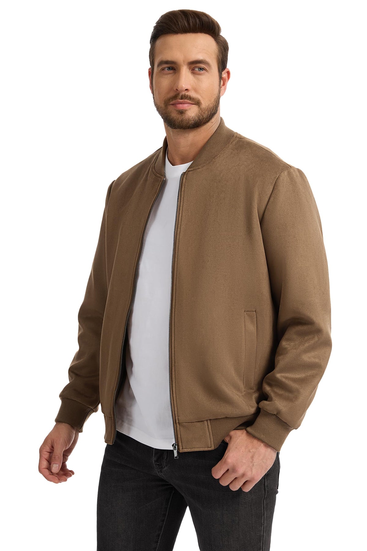 Fahsyee Men's Faux Suede Bomber Jacket, Casual Lightweight Varsity Style Full Zip Up Leather Coat Brown L