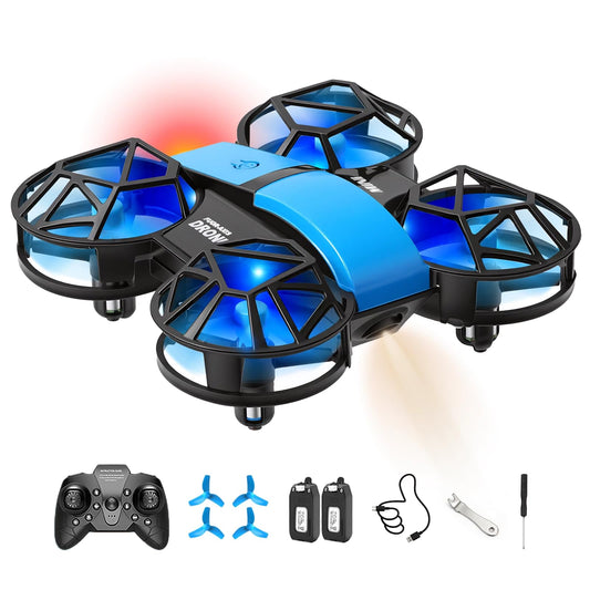 Blue Mini Drone for Kids & Beginners, Indoor & Outdoor RC Quadcopter, Full Propeller Guards, LED Light, 3D Flips, One Key Start, Headless Mode, 2 Rechargeable Batteries, 21 Mins Total Flight Time, Toy Gift for Boys and Girls