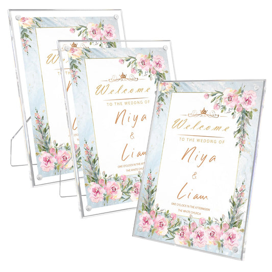3 Pack 6x8 Acrylic Picture Frames With Stand, Floating Effect Size: 5x7 or Smaller, Frameless Frame With Strong Magnets, for Wedding Sign Reception, Decoration, Photos and Art Display