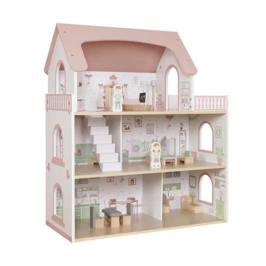 Wooden Pink Doll House for Girls with Balcony,DIY Pretend Dolls Play House Toy, Kids Dollhouses Toys with 12 PCS Furniture Accessories,Birthday Gifts for Boys Girls Ages 3+