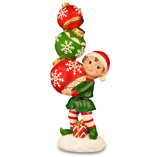 YUETJIN 12" Christmas Elf Figurine with Color-Changing LED Stacked Ornaments – Indoor Holiday Tabletop Decoration