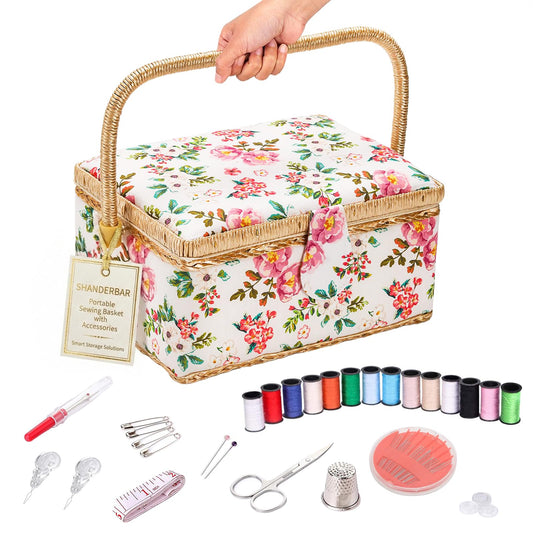 Sewing Basket with Sewing Kit Accessories, Portable Wooden Storage and Organizer Box with Removable Tray, Perfect Gift for Crafters, Beginners & Pros - Large, Vintage Floral Design