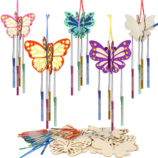 Fennoral 8 Pack 3D Butterfly Wind Chime Kit for Kids Make Your Own Butterfly Wind Chime Wooden Arts and Crafts for Kids DIY to Paint Butterfly Craft for Spring Art Activity Mother's Day Decoration