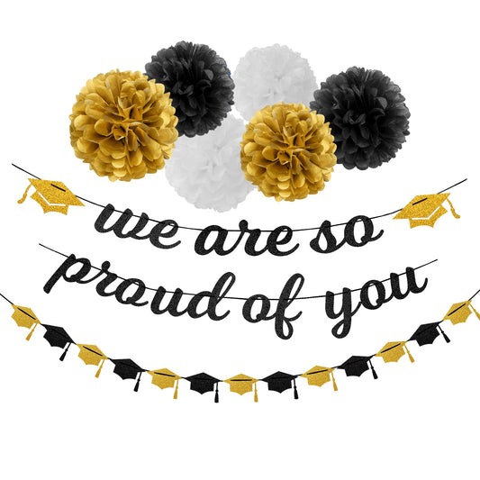 Black White-Gold Party-Decoration Graduation Banner - 8pcs Kits Cap Garland Streamers, Paper Tissue Pom Poms Flowers,We are So Proud of You Grad Graduation 2025 Decor Lasting Surprise