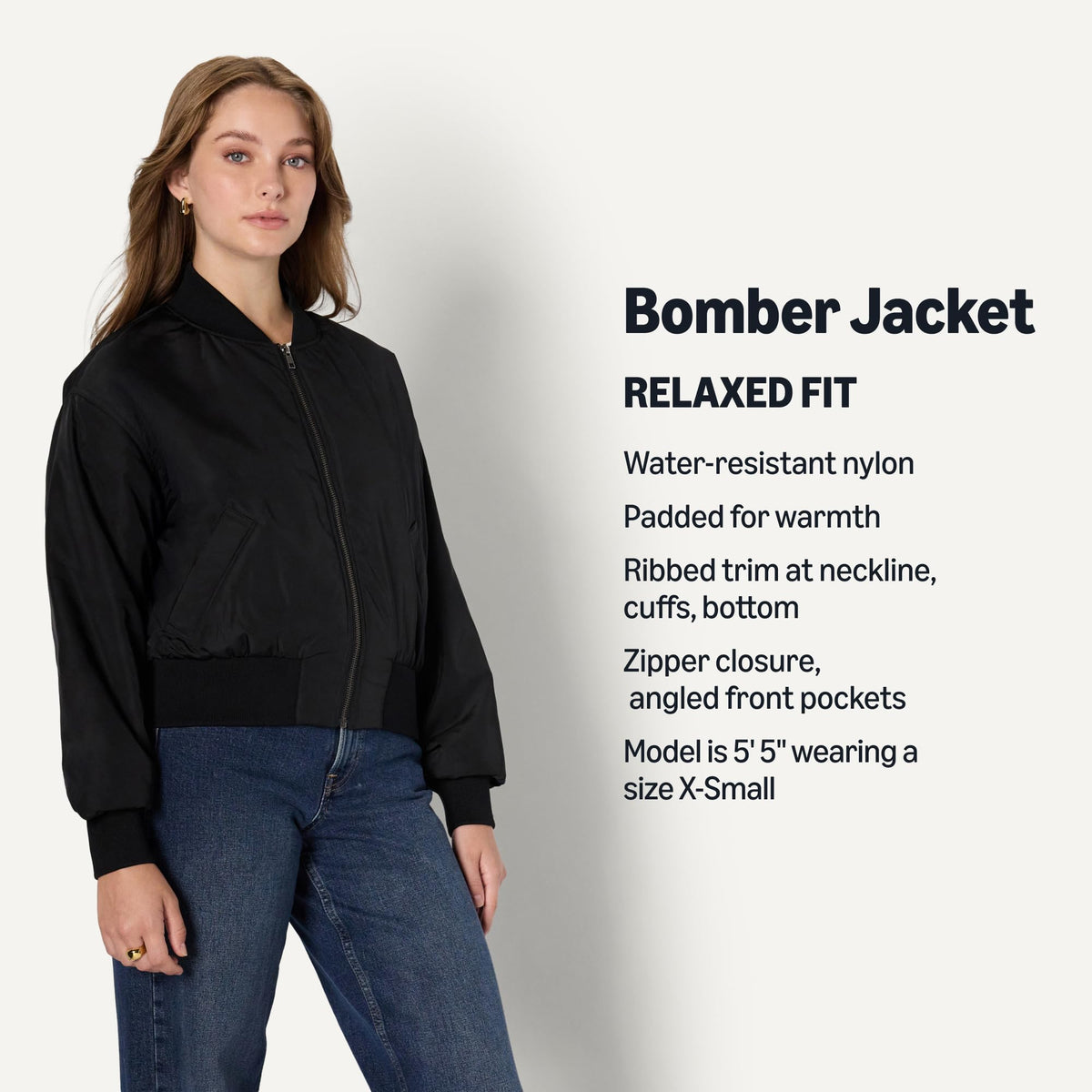 Amazon Essentials Women's Relaxed-Fit Denim Bomber Jacket, Black, X-Large