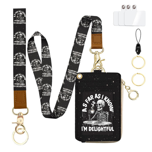bolimoss Skeleton Lanyard Wallet with Id Badge Holder, RFID Leather Small Credit Card Holder with Keyring,Small Keychain Wallet with Breakaway Wrist Neck Strap
