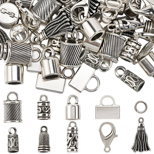 SUNNYCLUE 1 Box 230pcs Tassel End Caps Kumihimo Cord End Caps Alloy Metal Antique Silver Glue in Crimp String Leather Cords Tassel Ends Tips Supplies for Jewelry Making Kit Kumihimo Supplies Crafts