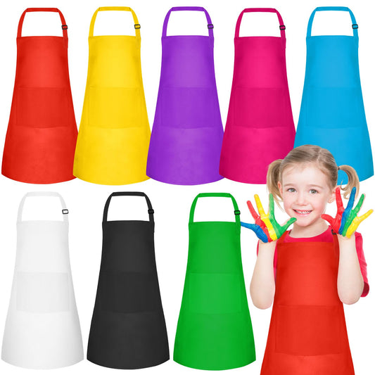 PLULON 8 Pcs Kids Aprons with 2 Pockets Painting Aprons for Kids Aprons Bulk, Paint Apron Adjustable Children Chef Aprons for Girls Boys Painting Baking Cooking Crafting - 8 Colors