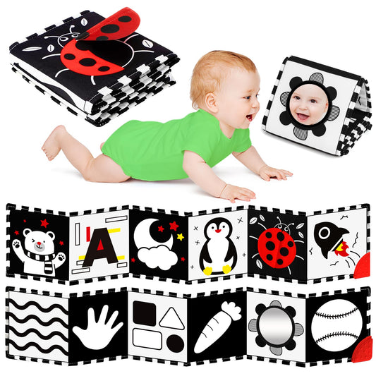 BBWOO High Contrast Baby Toys for Newborn, Tummy Time Mirror, Black and White Baby Toy for 0-6 Months, Soft Montessori Visual Stimulation Infant Book, Boy Girl Shower Gift