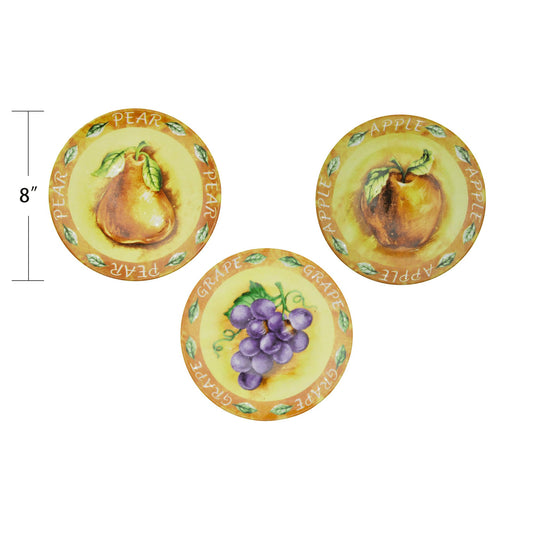 Cozeo Home Decor Hand-Painted Primitive Ceramic Decorative Vintage Plates, 8", Set of 3 Apple/Pear/Grape Design Collector Plates, Home Decor, Gift for Art Decoration