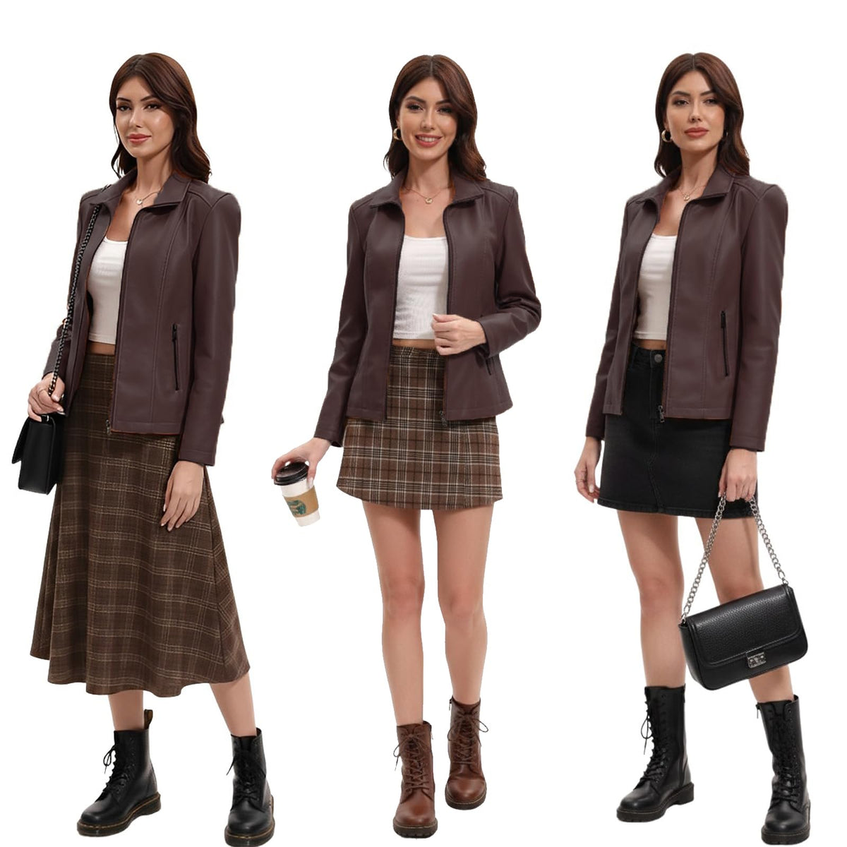CHIGUO Faux Leather Jacket for Women Motorcycle Fashion Zip Up Coat Trendy Going Out Jackets (Coffee,Large)