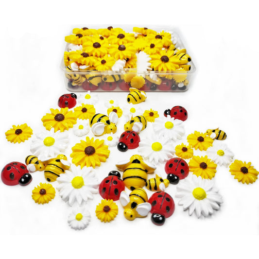 glacely 120pcs Mini Resin Bee Daisy Flowers Decor and Ladybugs Embellishments, Including 30 Pcs Tiny Resin Ladybug 30 Pcs Bee and 60 Pcs Sunflower Decorations for DIY Craft Cloth Pen Box Home Decor