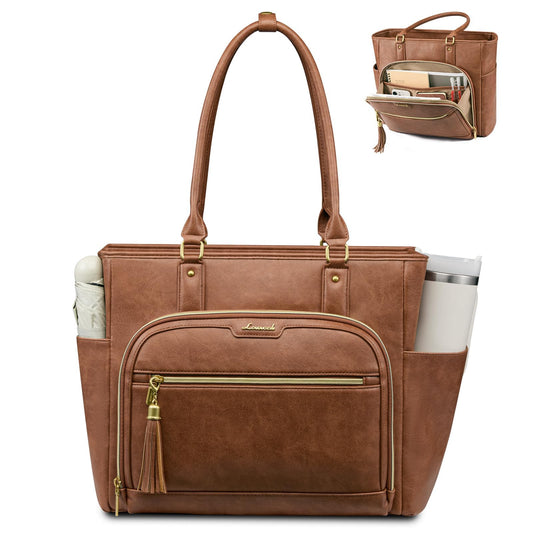 LOVEVOOK Laptop Tote Bag for Women Work, Vintage Leather Teacher Nurse Bag with Large Cup Holder, Bible Handbag Purse GIfs, Waterproof Professional Computer Briefcase for Business Office, 17 Inch