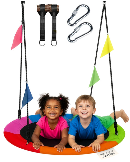 PLAYVIBE 40" Saucer Swing for Kids Outdoor - Gifts for Indoor Playroom & Birthday - Tree Swing Set Summer Fun, 440 lb Capacity - Multicolor 600D Oxford Fabric & Adjustable Ropes, Straps & Carabiners