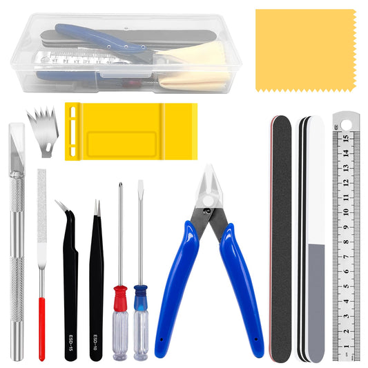 Yauhar 17Pcs Hobby Model Basic Tool Kit Contains Flush Pliers, Mini File, Crafting Knife with Replacement Blades, Tweezers, Professional Modeling Building Fixing Set for Gundam
